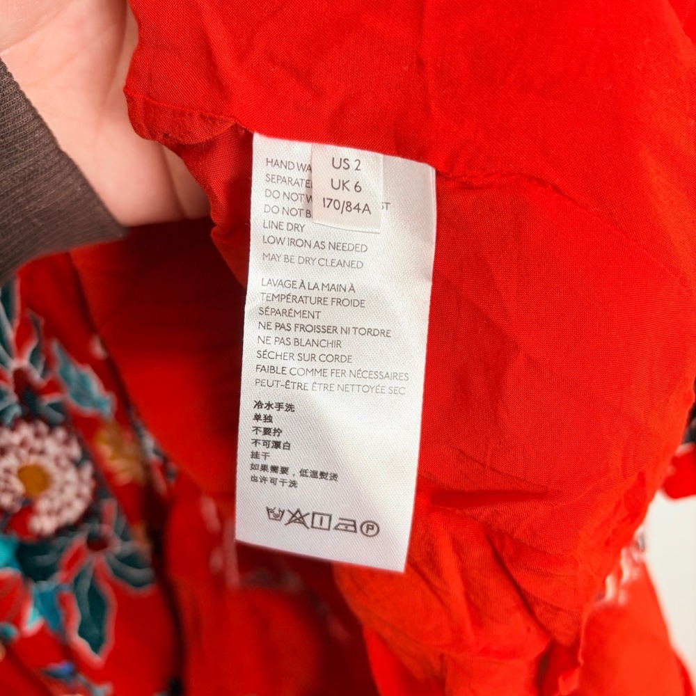 Anthropologie Floral Wrap Midi Dress Long Sleeve Red Blue Yellow Women's Size 2 - Picture 5 of 9